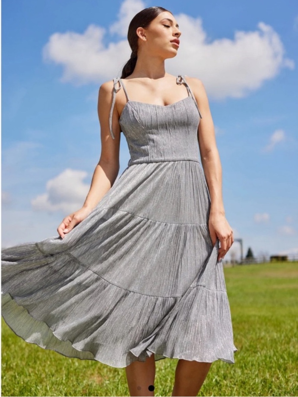 Dress the Population Silver Metallic Pleated Midi Dress